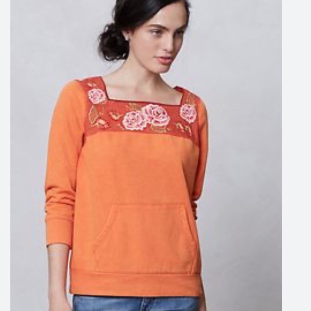 Anthropologie Lilka Sweatshirt Orange Floral Embroidered Square Neck Medium